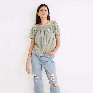 Madewell Square-Neck Smocked Top Dotted Vines Green Sz S NWT